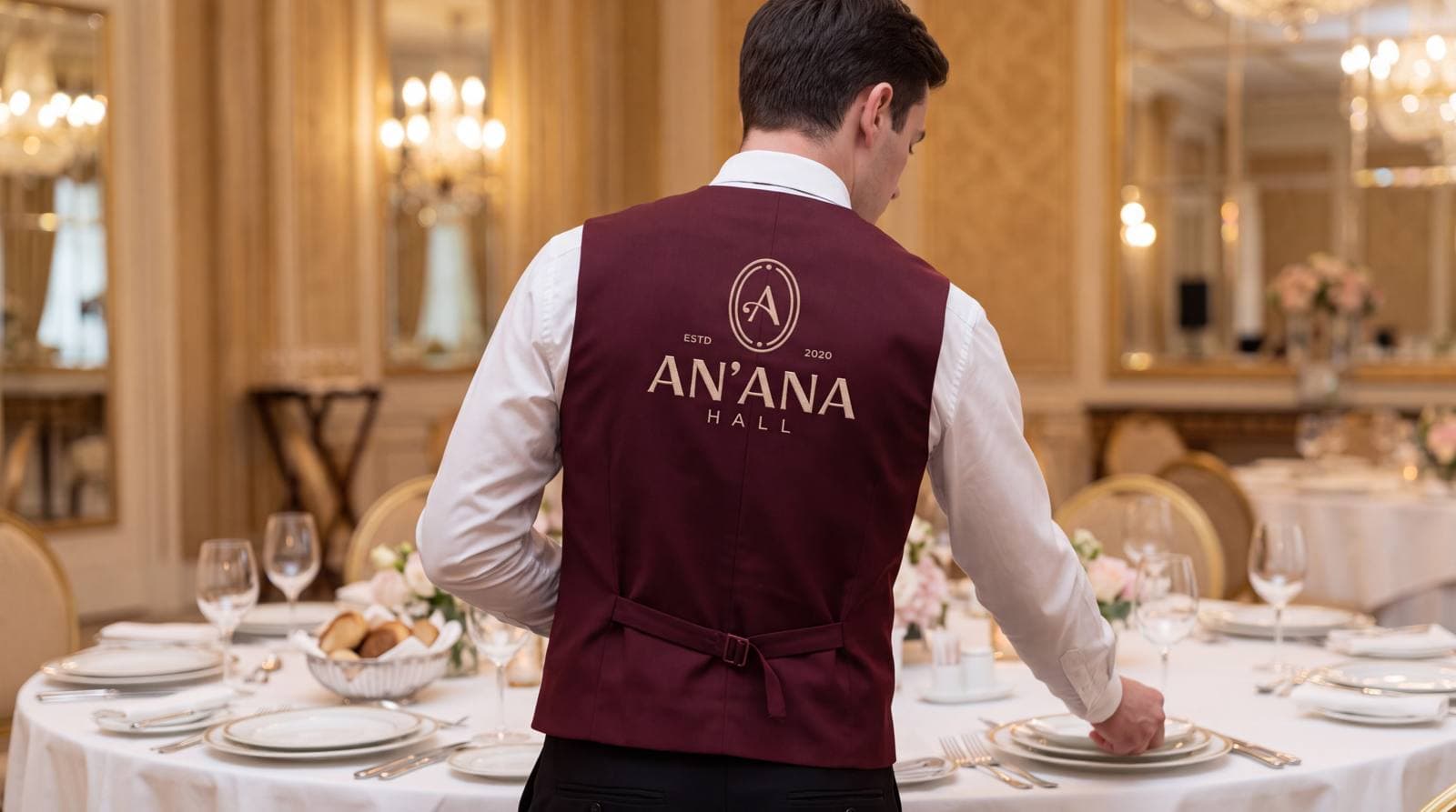 An’ana Hall brendli jiletidagi ofitsiant banket stolini bezamoqda